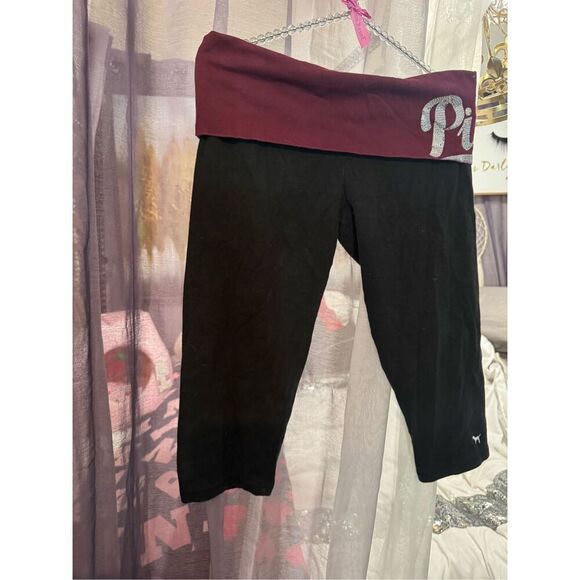 Victoria's Secret PINK foldover waist maroon red & bling capri leggings/pants a - Picture 1 of 7